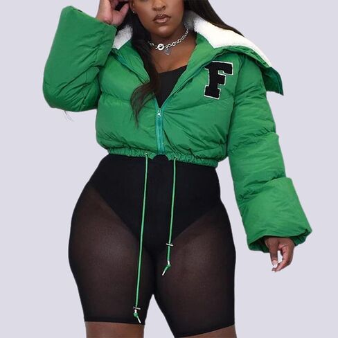 سترة نسائية منتفخة قصيرة من Lentta مصنوعة من صوف الشيربا وطية صدر وأكمام طويلة معطف شتوي in Kuwait