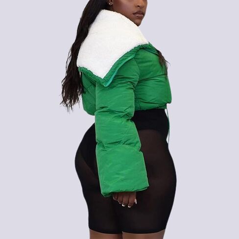 سترة نسائية منتفخة قصيرة من Lentta مصنوعة من صوف الشيربا وطية صدر وأكمام طويلة معطف شتوي in Kuwait