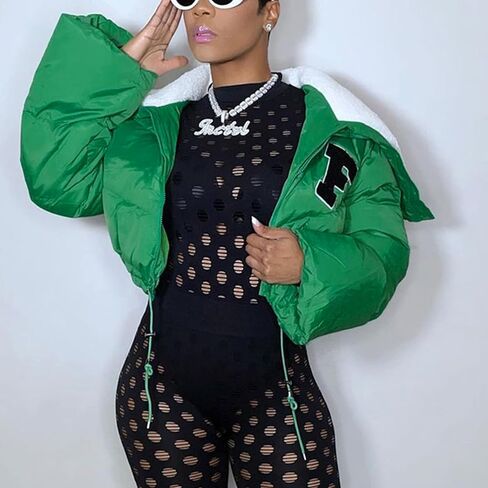 سترة نسائية منتفخة قصيرة من Lentta مصنوعة من صوف الشيربا وطية صدر وأكمام طويلة معطف شتوي in Kuwait