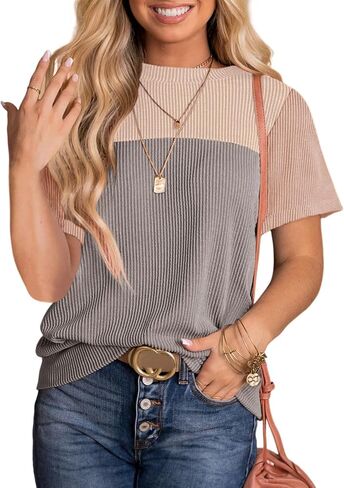 Dokotoo Womens Color Block Fashion Short Sleeve Crewneck Knitted Spring Summer Casual Loose T Shirts Tops in Saudi Arabia