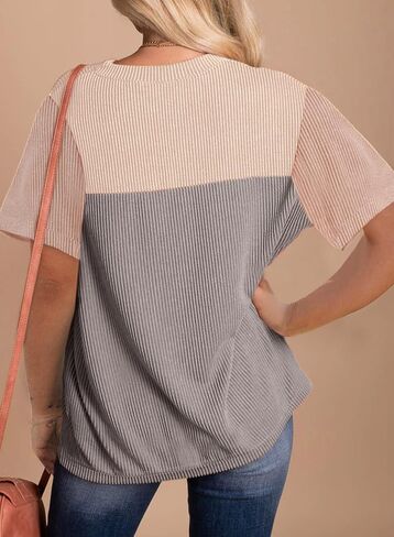 Dokotoo Womens Color Block Fashion Short Sleeve Crewneck Knitted Spring Summer Casual Loose T Shirts Tops in Saudi Arabia