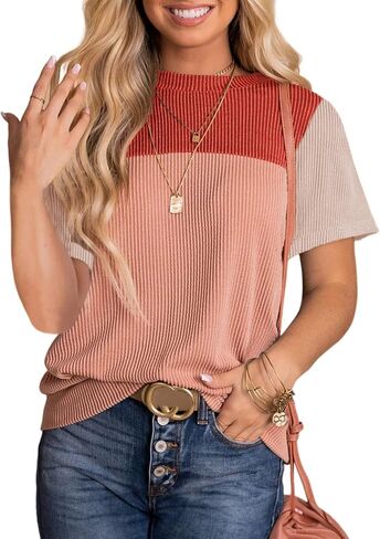 Dokotoo Womens Color Block Fashion Short Sleeve Crewneck Knitted Spring Summer Casual Loose T Shirts Tops in Saudi Arabia