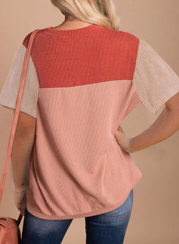 Dokotoo Womens Color Block Fashion Short Sleeve Crewneck Knitted Spring Summer Casual Loose T Shirts Tops in Saudi Arabia
