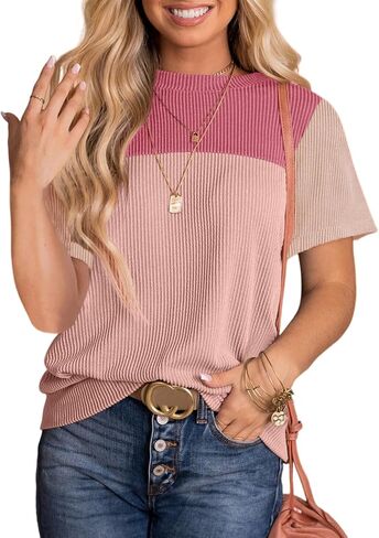 Dokotoo Womens Color Block Fashion Short Sleeve Crewneck Knitted Spring Summer Casual Loose T Shirts Tops in Saudi Arabia