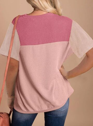 Dokotoo Womens Color Block Fashion Short Sleeve Crewneck Knitted Spring Summer Casual Loose T Shirts Tops in Saudi Arabia