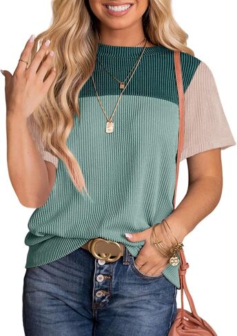 Dokotoo Womens Color Block Fashion Short Sleeve Crewneck Knitted Spring Summer Casual Loose T Shirts Tops in Saudi Arabia