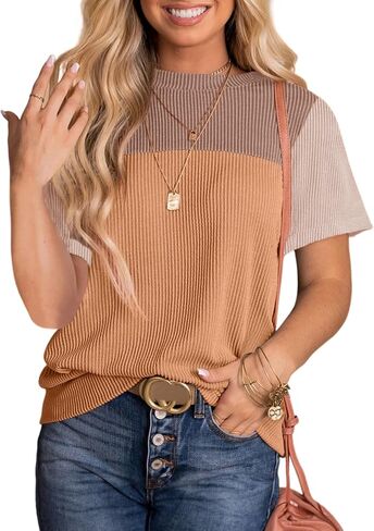 Dokotoo Womens Color Block Fashion Short Sleeve Crewneck Knitted Spring Summer Casual Loose T Shirts Tops in Saudi Arabia