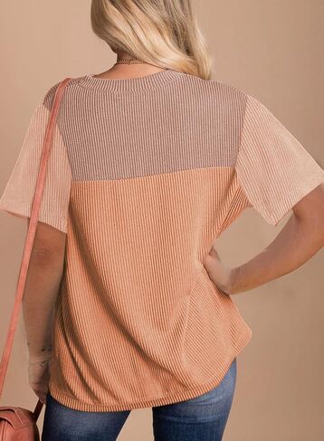 Dokotoo Womens Color Block Fashion Short Sleeve Crewneck Knitted Spring Summer Casual Loose T Shirts Tops in Saudi Arabia