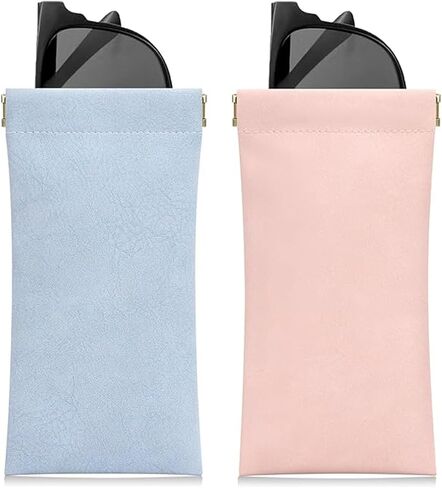AALGO 2 Pcs Soft Glasses Case,Portable Travel Glasses Pouch,Squeeze Top Leather Sunglasses Case for Women Men Kid in Kuwait