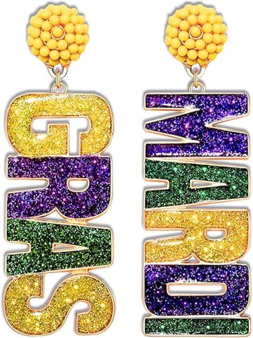 Mardi Gras Earrings for Women, Beaded Dangle Earrings Festial Mardi Gras Accessories for Women Fashion Jewelry Dress Up by Beaded Dangle Earrings 4E's Novelty in Saudi Arabia