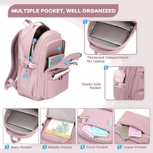 حقيبة ظهر كاجوال عصرية من MUSEVOS بلون موحد، حقيبة ظهر مدرسية مقاومة للماء للفتيات، حقيبة كتب للمراهقات للنساء، أرجواني in Kuwait