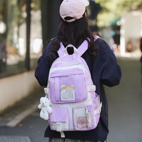 حقيبة ظهر HORHREAR Kawaii مكونة من 5 قطع للمدرسة، حقيبة ظهر شفافة لطيفة مع قلادة جمالية للفتيات والأولاد حقيبة أساسية (وردي كريمي) in Kuwait