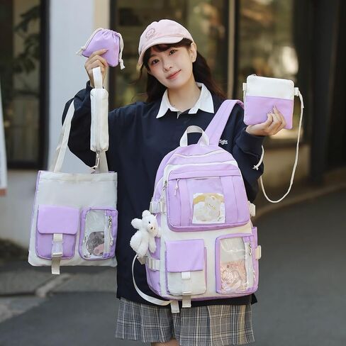 حقيبة ظهر HORHREAR Kawaii مكونة من 5 قطع للمدرسة، حقيبة ظهر شفافة لطيفة مع قلادة جمالية للفتيات والأولاد حقيبة أساسية (وردي كريمي) in Kuwait