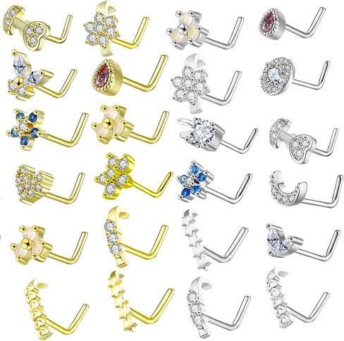 SENNI 24PCS 14K 20G Nose Rings Stud L -Shape Bone Screw Shaped Nose Ring 316L Surgical Steel Nose Piercings CZ Flowers Butterfly Body Piercing Jewelry For Women Men in Kuwait