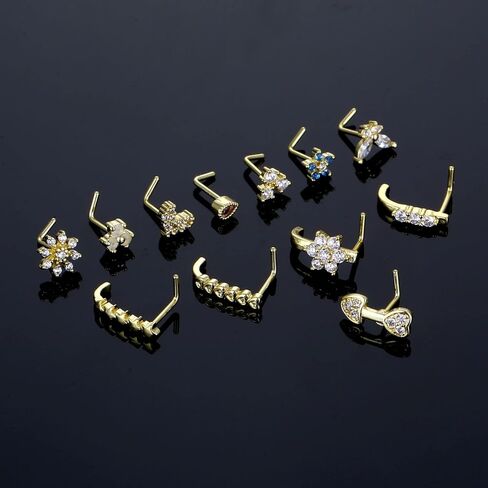 SENNI 24PCS 14K 20G Nose Rings Stud L -Shape Bone Screw Shaped Nose Ring 316L Surgical Steel Nose Piercings CZ Flowers Butterfly Body Piercing Jewelry For Women Men in Kuwait