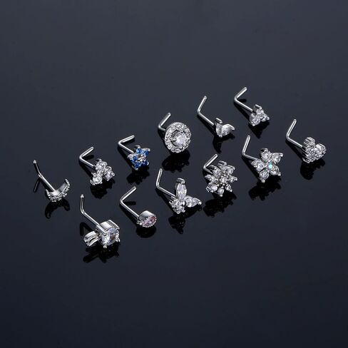 SENNI 24PCS 14K 20G Nose Rings Stud L -Shape Bone Screw Shaped Nose Ring 316L Surgical Steel Nose Piercings CZ Flowers Butterfly Body Piercing Jewelry For Women Men in Kuwait