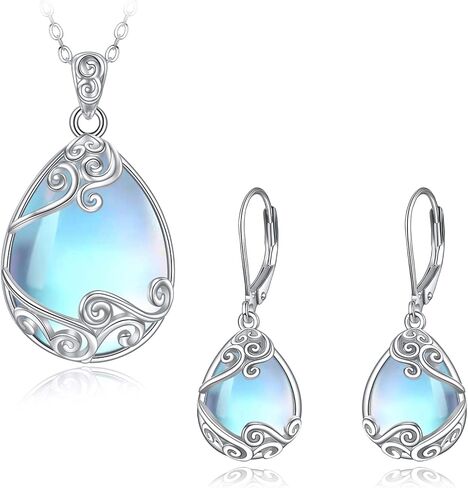 YAFEINI 925 Sterling Silver Moonstone Filigree Teardrop Necklace Earrings Set Jewelry for Women Girls in Saudi Arabia