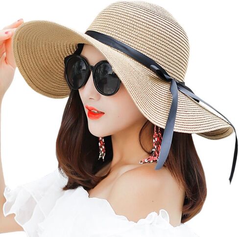 Itopfox Women's Big Brim Sun Hat Floppy Foldable Bowknot Straw Hat Summer Beach Hat in Kuwait