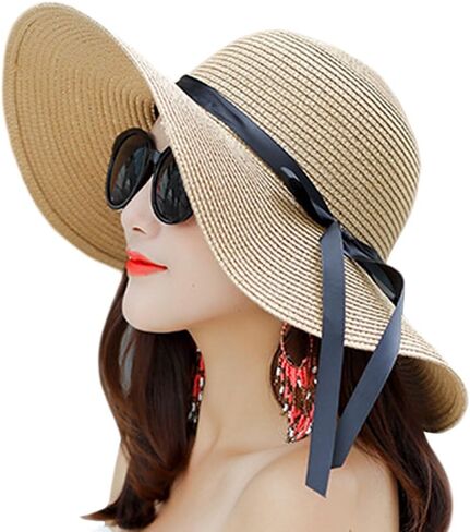 Itopfox Women's Big Brim Sun Hat Floppy Foldable Bowknot Straw Hat Summer Beach Hat in Kuwait