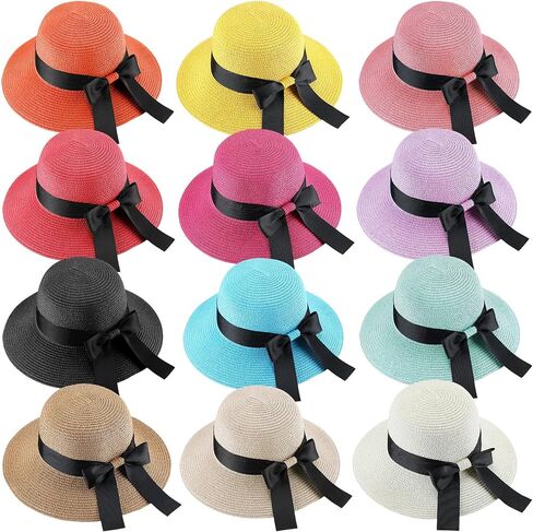Pasimy 12 Pcs Women Straw Sun Hats with Bowknot Panama Wide Brim Roll up Hat for Women Girls Foldable Floppy Hat Summer Cap for Beach Travel Outdoor Pool Multicolor in Saudi Arabia