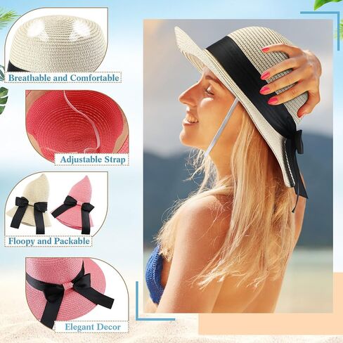 Pasimy 12 Pcs Women Straw Sun Hats with Bowknot Panama Wide Brim Roll up Hat for Women Girls Foldable Floppy Hat Summer Cap for Beach Travel Outdoor Pool Multicolor in Saudi Arabia