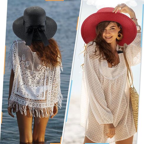 Pasimy 12 Pcs Women Straw Sun Hats with Bowknot Panama Wide Brim Roll up Hat for Women Girls Foldable Floppy Hat Summer Cap for Beach Travel Outdoor Pool Multicolor in Saudi Arabia
