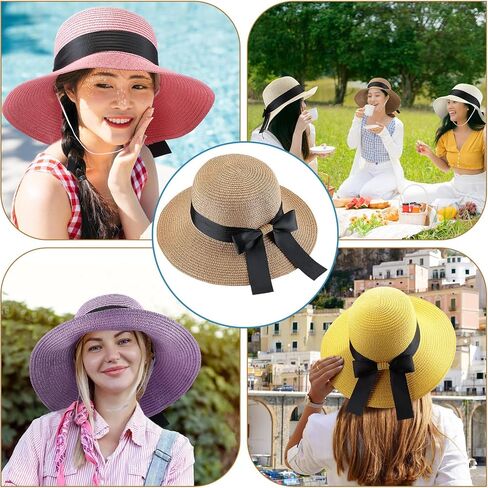 Pasimy 12 Pcs Women Straw Sun Hats with Bowknot Panama Wide Brim Roll up Hat for Women Girls Foldable Floppy Hat Summer Cap for Beach Travel Outdoor Pool Multicolor in Saudi Arabia