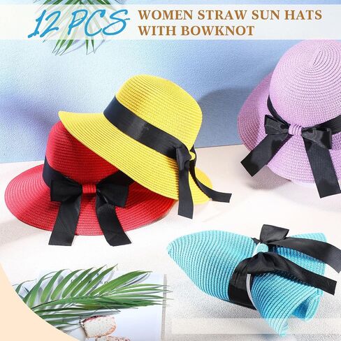 Pasimy 12 Pcs Women Straw Sun Hats with Bowknot Panama Wide Brim Roll up Hat for Women Girls Foldable Floppy Hat Summer Cap for Beach Travel Outdoor Pool Multicolor in Saudi Arabia