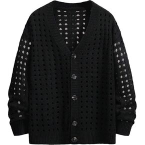WDIRARA Men's V Neck Button Front Long Sleeve Knit Cardigan Hollow Out Sweater in Saudi Arabia