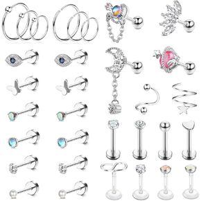 Finrezio 32PCS Cartilage Earrings Stud for Women Men Stainless Steel Cartilage Stud Hoop Tragus Earring CZ Butterfly Evil Eye Cartilage Piercing Jewelry Hypoallergenic Helix Daith Tragus Conch Piercing Jewelry in Kuwait