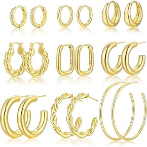 Sroyte 9 pairs Gold Hoop Earrings for Women, Large Medium small 14K Gold plated Hoop Earrings Set For Women Hypoallergenic Lightweight Chunky Open Hoops Jewelry for Gift trendy Brass hoop earriings in Kuwait