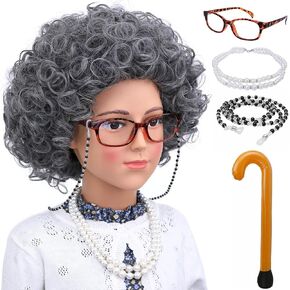 Morvally Old Lady زي شعر مستعار للفتيات الصغيرات 100 يوم من زي المدرسة 6 قطع مجموعة رمادي مجعد الجدة شعر مستعار كوسبلاي لحفلات الهالوين in Kuwait