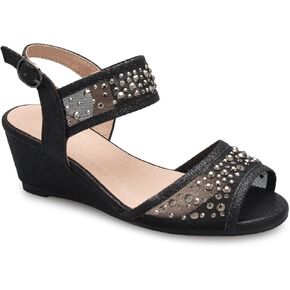 Olivia K Girl's Peep Toe Rhinestone Ankle Strap with Adjustable Buckle Wedge Sandals - Adorable, Comfort, Casual
