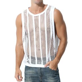 Men's See Through Fishnet Mesh Tank Tops Sexy Side Split Workout Vest Sleeveless Muscle Top Shirts