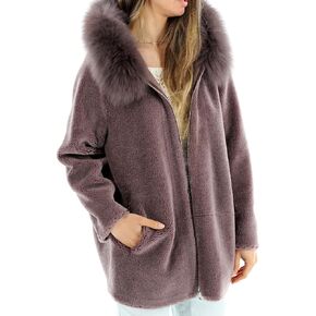 La Fiorentina Women's Shearling Jacket with Fox Fur Hood, Dark Mauve, Dark Mauve, M in Kuwait