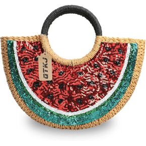 Semi-circle Rattan Straw Handbags, Hand-woven Summer Watermelon Beach Straw Bag with Sequin for Women in Kuwait