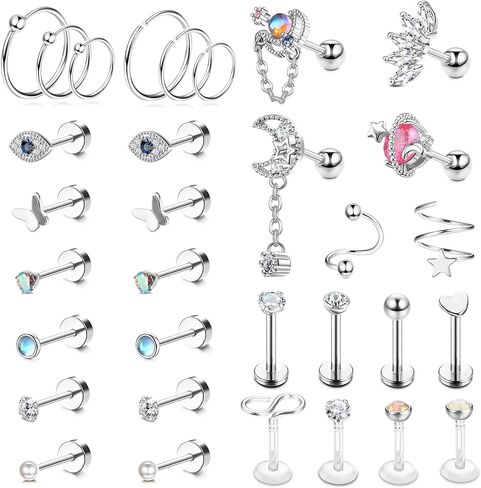 Finrezio 32PCS Cartilage Earrings Stud for Women Men Stainless Steel Cartilage Stud Hoop Tragus Earring CZ Butterfly Evil Eye Cartilage Piercing Jewelry Hypoallergenic Helix Daith Tragus Conch Piercing Jewelry in Kuwait