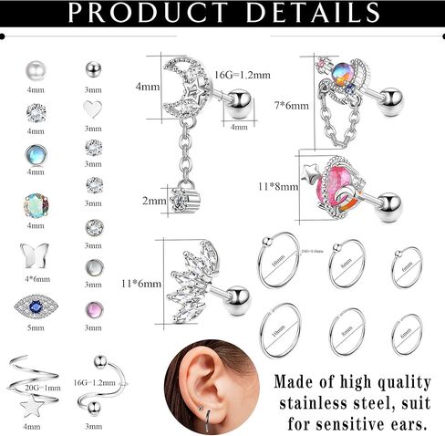 Finrezio 32PCS Cartilage Earrings Stud for Women Men Stainless Steel Cartilage Stud Hoop Tragus Earring CZ Butterfly Evil Eye Cartilage Piercing Jewelry Hypoallergenic Helix Daith Tragus Conch Piercing Jewelry in Kuwait