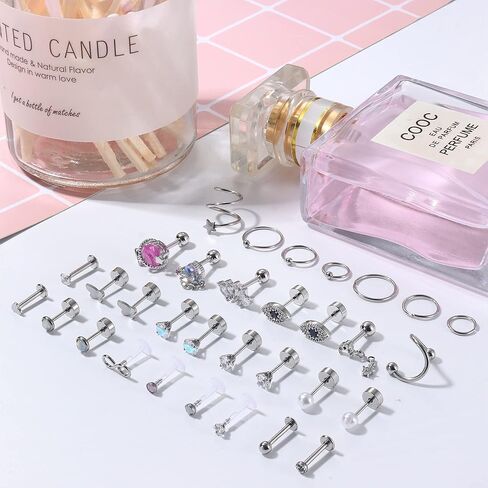 Finrezio 32PCS Cartilage Earrings Stud for Women Men Stainless Steel Cartilage Stud Hoop Tragus Earring CZ Butterfly Evil Eye Cartilage Piercing Jewelry Hypoallergenic Helix Daith Tragus Conch Piercing Jewelry in Kuwait