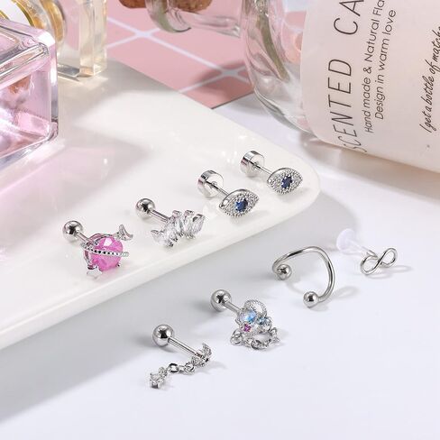 Finrezio 32PCS Cartilage Earrings Stud for Women Men Stainless Steel Cartilage Stud Hoop Tragus Earring CZ Butterfly Evil Eye Cartilage Piercing Jewelry Hypoallergenic Helix Daith Tragus Conch Piercing Jewelry in Kuwait