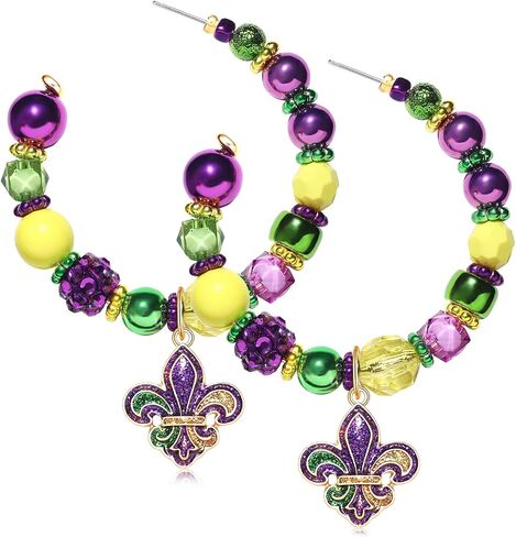 Mardi Gras Earrings for Women Glitter Gemstone Mardi Gras Hoop Earrings Carnival Parade Corwn Earrings Fleur De Lis Beaded Drop Earrings Mardi Gras Carnival Holiday Jewelry Gifts in Kuwait