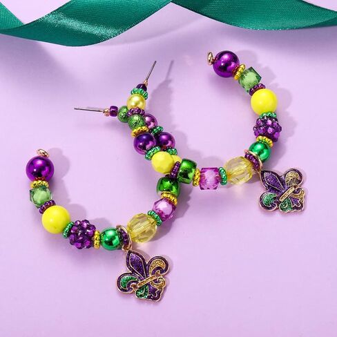 Mardi Gras Earrings for Women Glitter Gemstone Mardi Gras Hoop Earrings Carnival Parade Corwn Earrings Fleur De Lis Beaded Drop Earrings Mardi Gras Carnival Holiday Jewelry Gifts in Kuwait