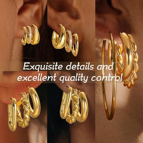 Sroyte 9 pairs Gold Hoop Earrings for Women, Large Medium small 14K Gold plated Hoop Earrings Set For Women Hypoallergenic Lightweight Chunky Open Hoops Jewelry for Gift trendy Brass hoop earriings in Kuwait