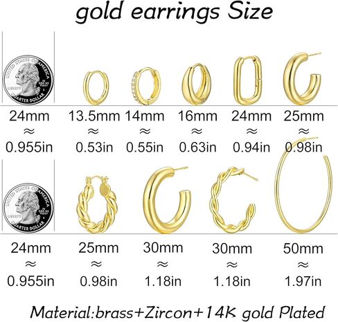 Sroyte 9 pairs Gold Hoop Earrings for Women, Large Medium small 14K Gold plated Hoop Earrings Set For Women Hypoallergenic Lightweight Chunky Open Hoops Jewelry for Gift trendy Brass hoop earriings in Kuwait