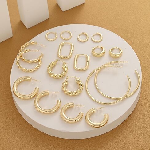Sroyte 9 pairs Gold Hoop Earrings for Women, Large Medium small 14K Gold plated Hoop Earrings Set For Women Hypoallergenic Lightweight Chunky Open Hoops Jewelry for Gift trendy Brass hoop earriings in Kuwait