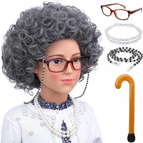 Morvally Old Lady زي شعر مستعار للفتيات الصغيرات 100 يوم من زي المدرسة 6 قطع مجموعة رمادي مجعد الجدة شعر مستعار كوسبلاي لحفلات الهالوين in Kuwait