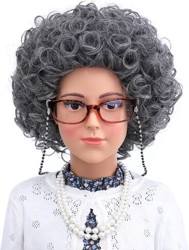 Morvally Old Lady زي شعر مستعار للفتيات الصغيرات 100 يوم من زي المدرسة 6 قطع مجموعة رمادي مجعد الجدة شعر مستعار كوسبلاي لحفلات الهالوين in Kuwait