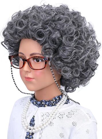 Morvally Old Lady زي شعر مستعار للفتيات الصغيرات 100 يوم من زي المدرسة 6 قطع مجموعة رمادي مجعد الجدة شعر مستعار كوسبلاي لحفلات الهالوين in Kuwait