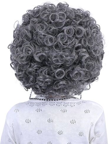 Morvally Old Lady زي شعر مستعار للفتيات الصغيرات 100 يوم من زي المدرسة 6 قطع مجموعة رمادي مجعد الجدة شعر مستعار كوسبلاي لحفلات الهالوين in Kuwait