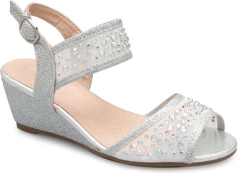 Olivia K Girl's Peep Toe Rhinestone Ankle Strap with Adjustable Buckle Wedge Sandals - Adorable, Comfort, Casual in Saudi Arabia